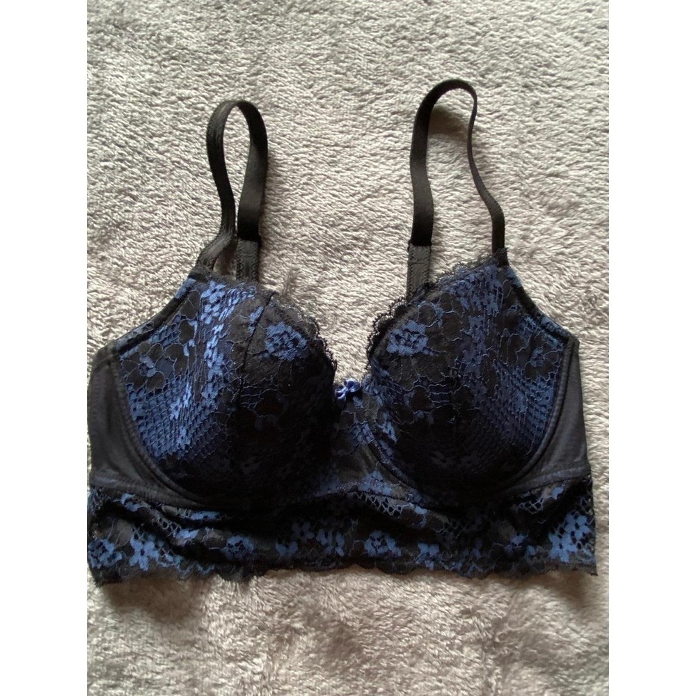 Adore Me Black Blue Lace Bra 36DD 6 Hook Wire s2